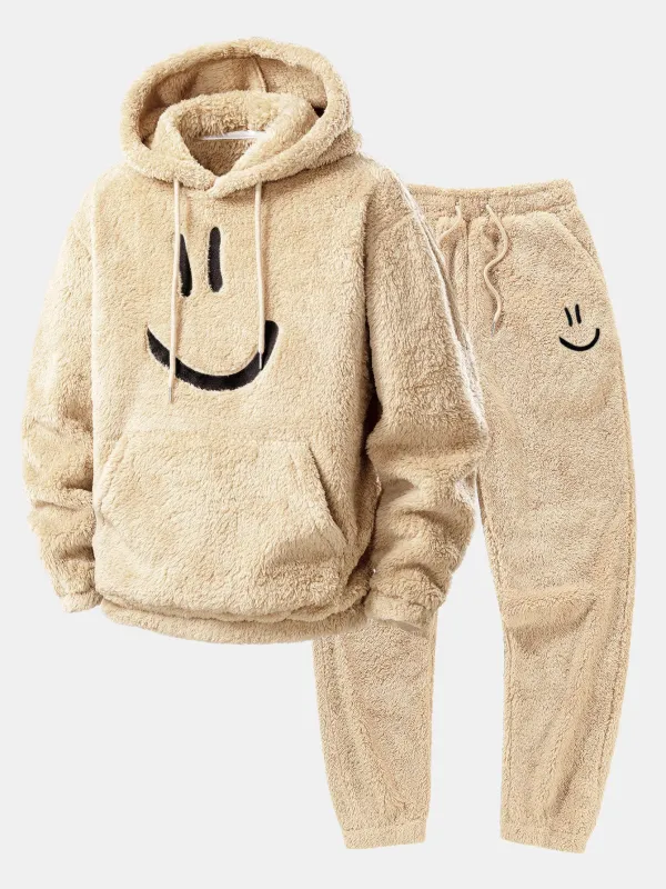 Smiley Face Embroidered Teddy Hoodie & Jogger Pants sold by Hoooyi