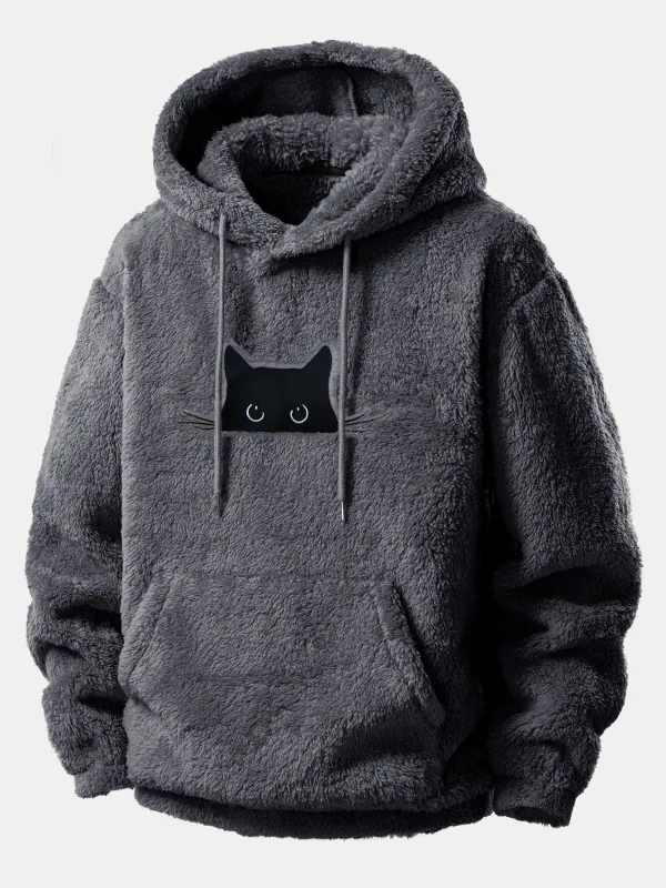 Relax Fit Black Cat Embroidered Teddy Hoodie sold by Hoooyi