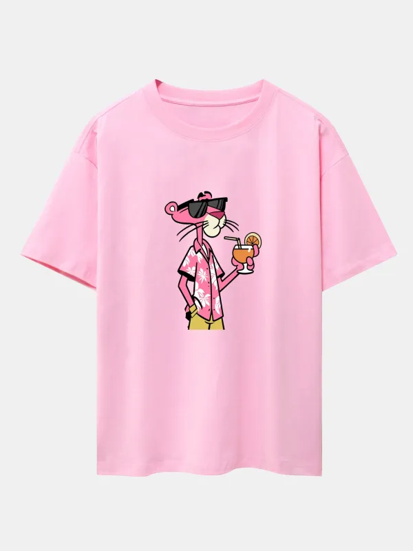 Vacation Pink Panther Print Drop Shoulder Oversize T-Shirt sold by Hoooyi