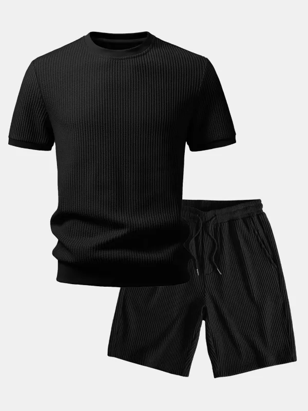Waffle Ribbed Hem T-Shirt & Drawstring Knit Waffle Shorts made by Hoooyi