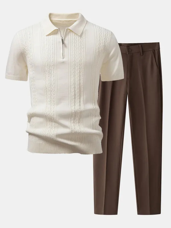 Twist Jacquard Knitted Zipper Polo Shirt & Slim Fit Tapered Trousers made by Hoooyi