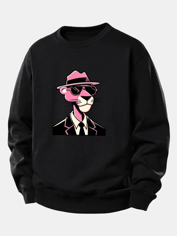Pink Gentleman Panther Print Relax Fit Sweatshirt made by Hoooyi