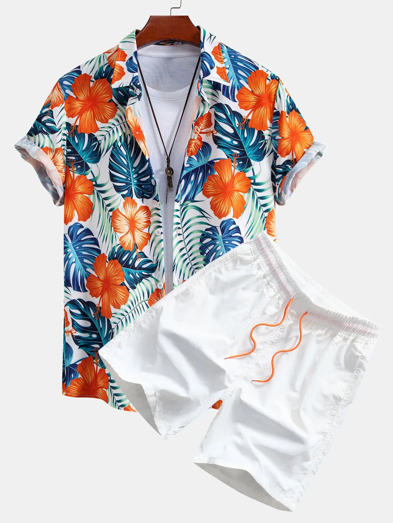 Tropical Flowers Print Button Up Shirt & Drawstring Swim Shorts sold by Hoooyi product image thumbnail 3