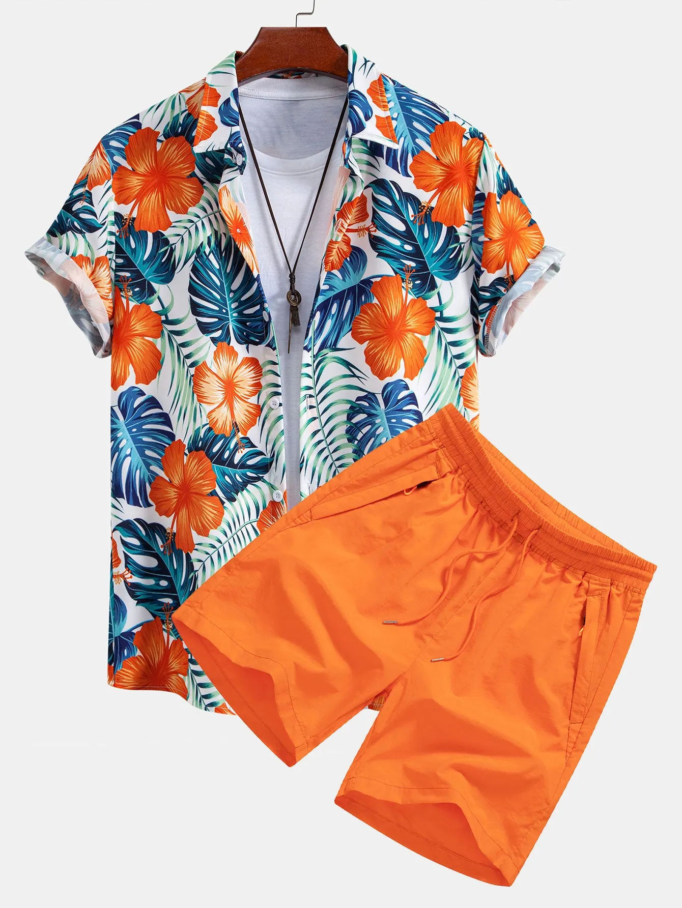 Tropical Flowers Print Button Up Shirt & Drawstring Swim Shorts sold by Hoooyi product image thumbnail 2