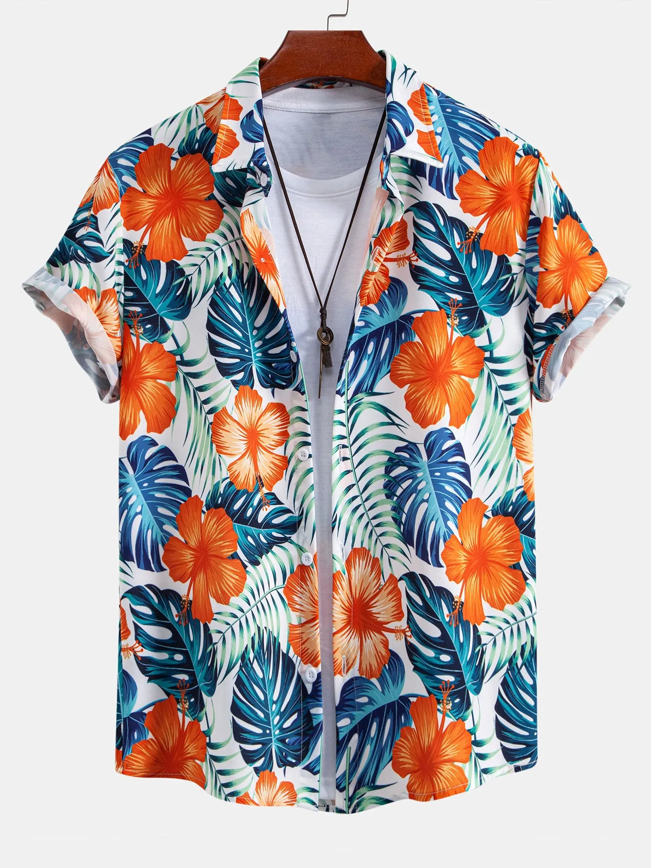 Tropical Flowers Print Button Up Shirt & Drawstring Swim Shorts sold by Hoooyi product image thumbnail 4