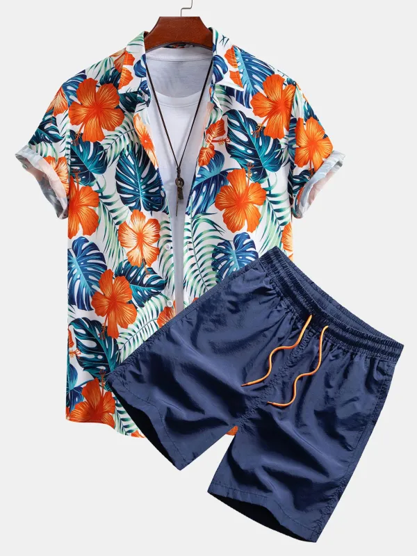 Tropical Flowers Print Button Up Shirt & Drawstring Swim Shorts made by Hoooyi