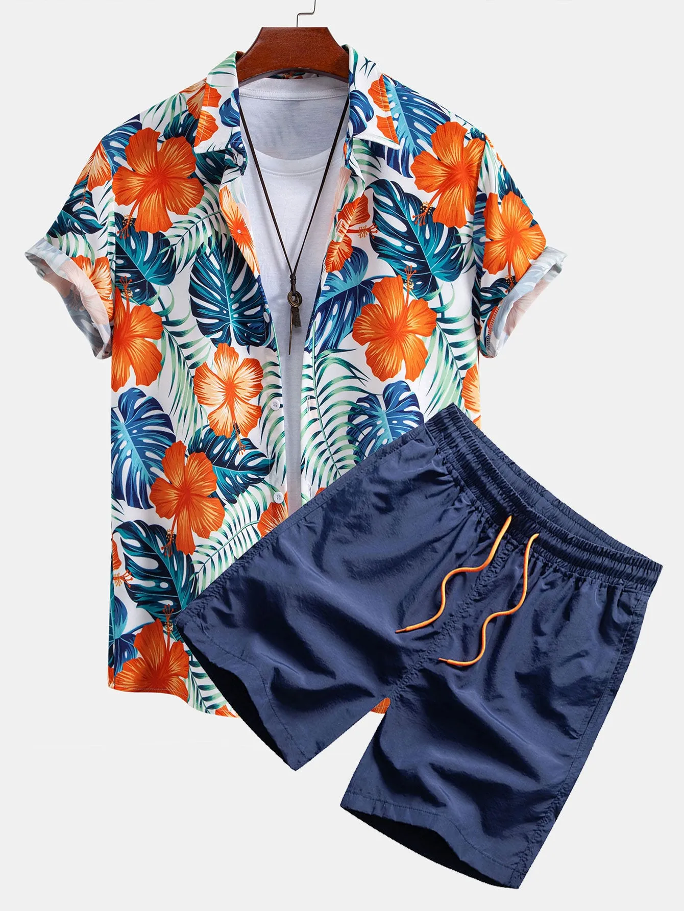 Tropical Flowers Print Button Up Shirt & Drawstring Swim Shorts sold by Hoooyi