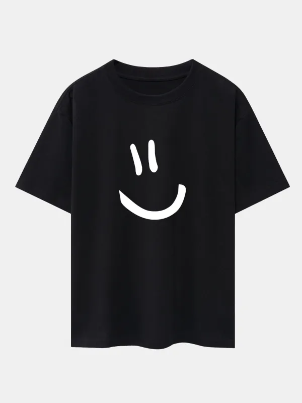 Smiley Face Print Drop Shoulder Oversize T-Shirt made by Hoooyi
