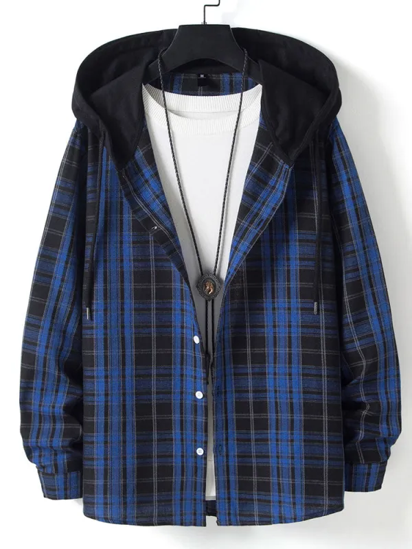 Contrast Hooded Plaid Shirt sold by Hoooyi