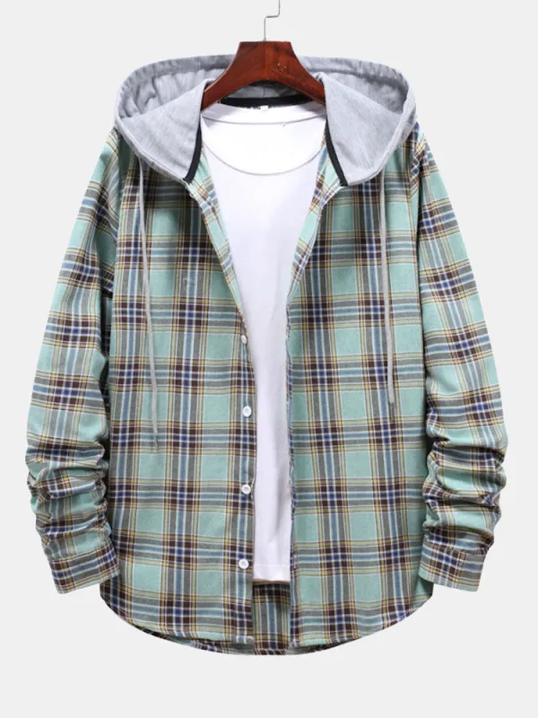 Plaid Drawstring Hooded Shirt sold by Hoooyi