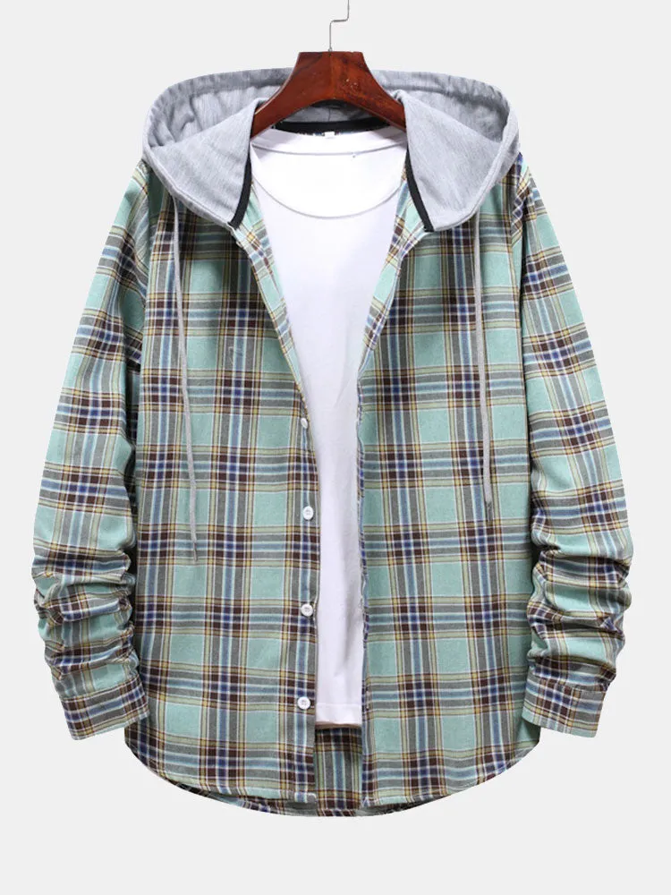 Plaid Drawstring Hooded Shirt sold by Hoooyi