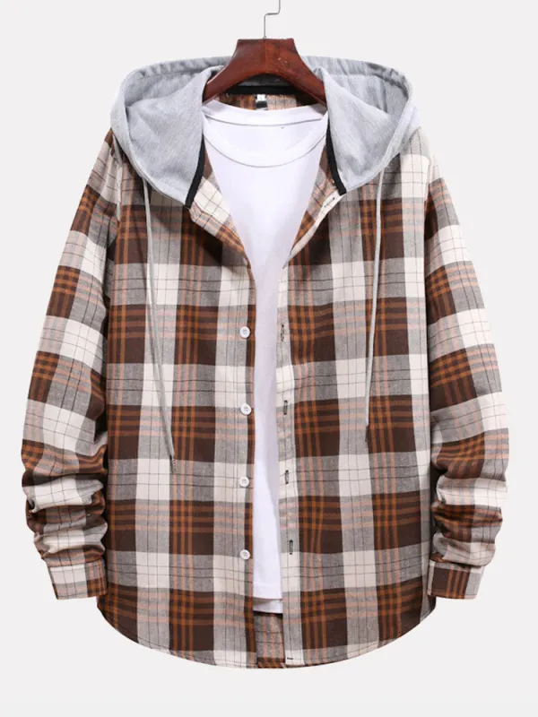 Plaid Drawstring Hooded Shirt sold by Hoooyi