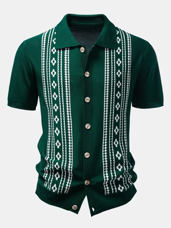 Geometric Floral Jacquard Button Up Knit Shirt made by Hoooyi