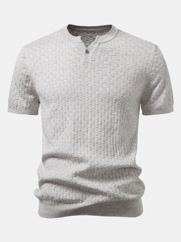 Checkerboard Henley Collar Sweater Knitted T-Shirt made by Hoooyi