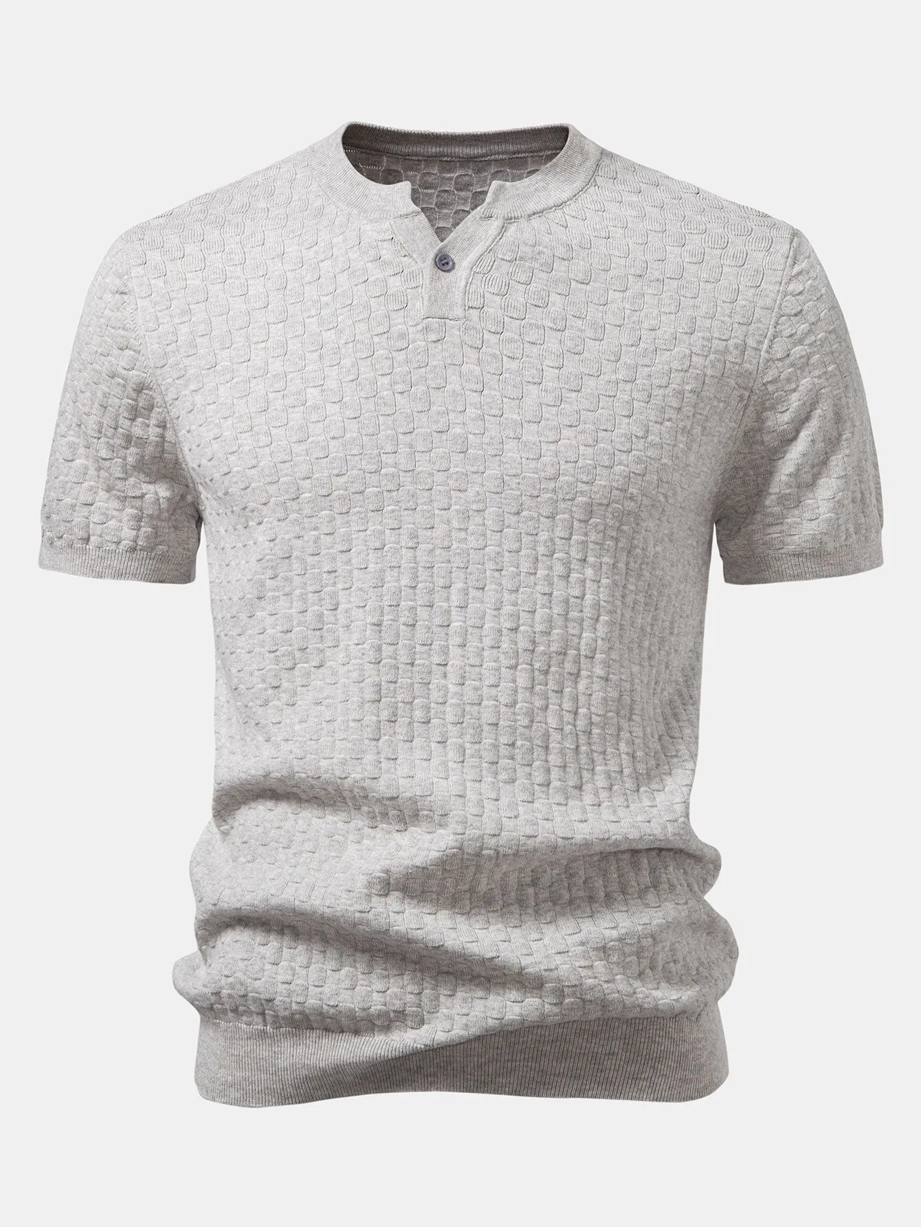 Checkerboard Henley Collar Sweater Knitted T-Shirt sold by Hoooyi