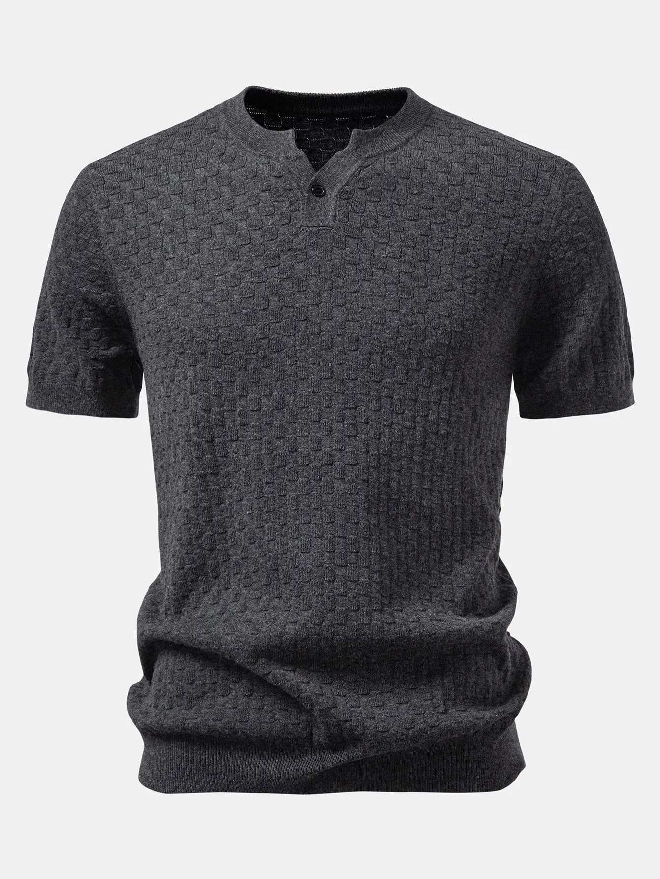 Checkerboard Henley Collar Sweater Knitted T-Shirt sold by Hoooyi product image thumbnail 3