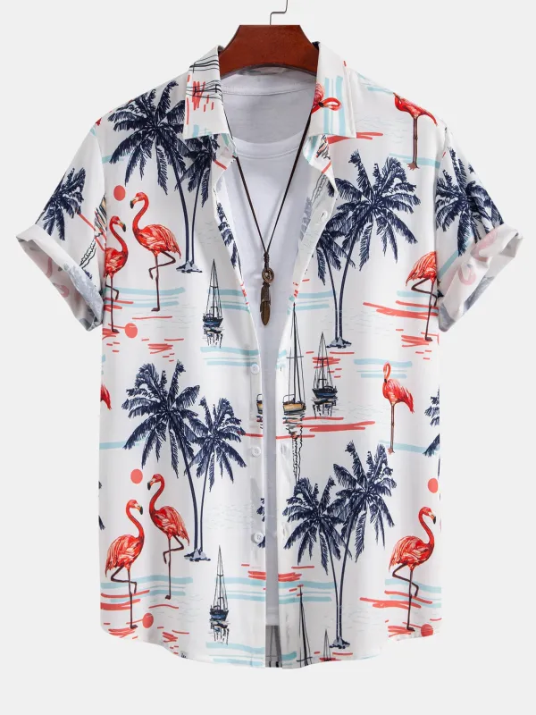 Palm Tree Flamingo Print Button Up Shirt made by Hoooyi