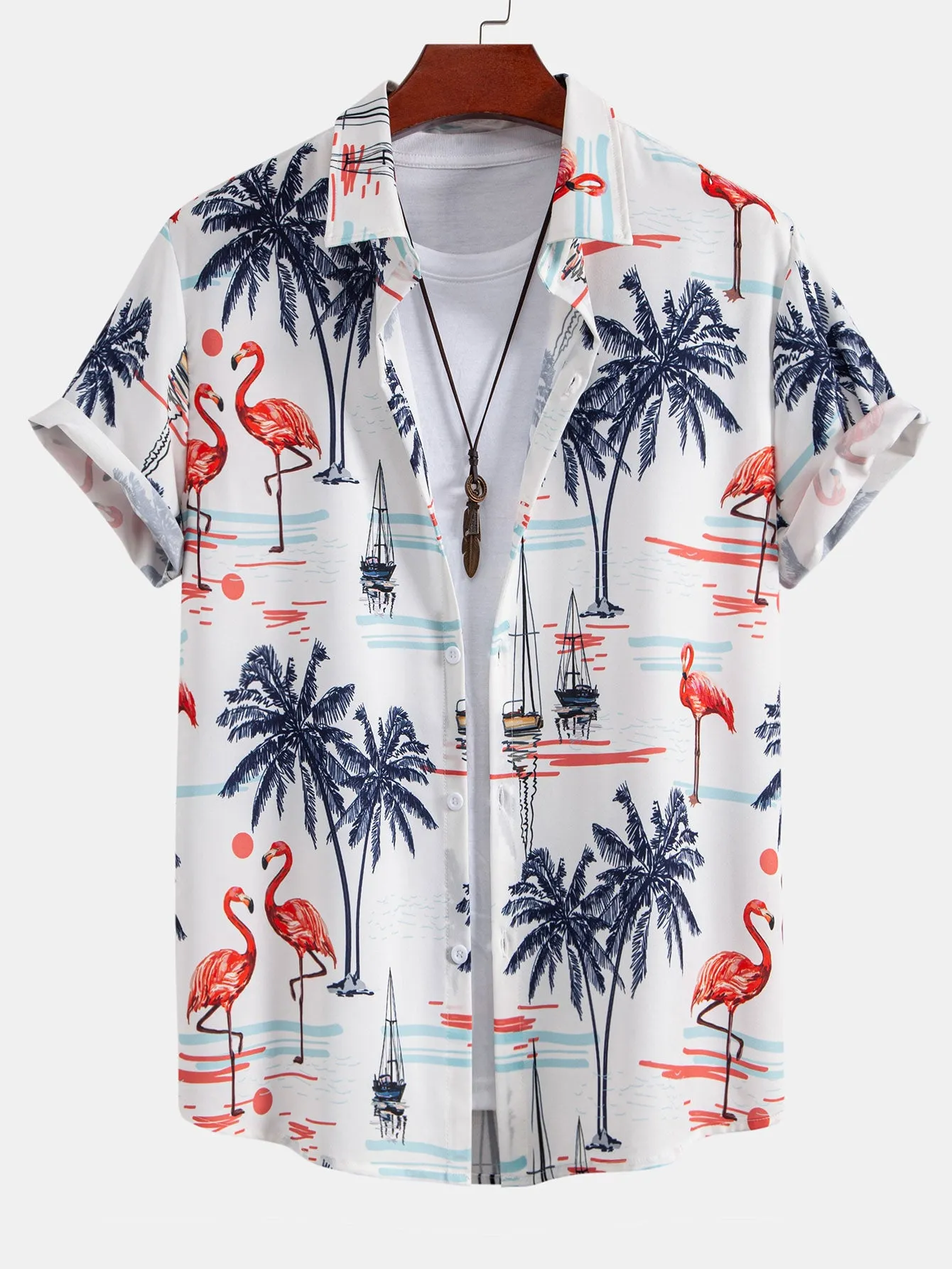 Palm Tree Flamingo Print Button Up Shirt sold by Hoooyi