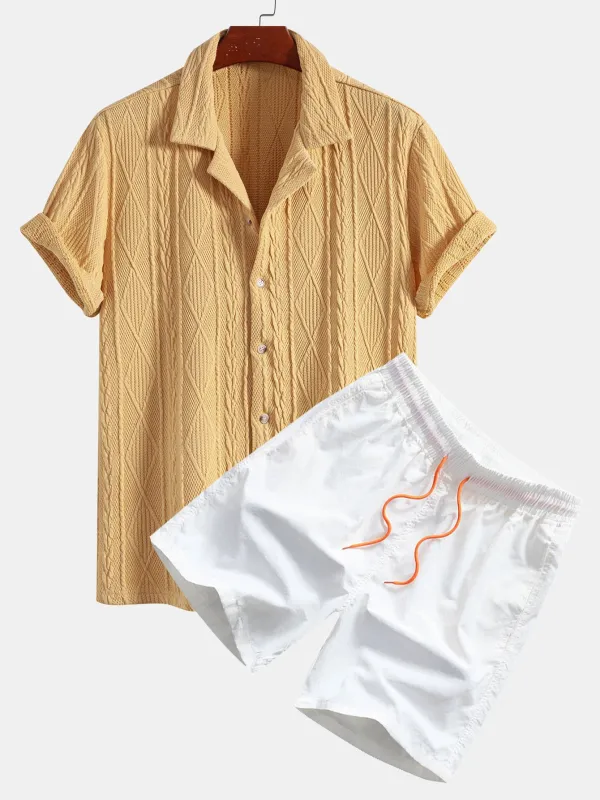 Knitted Geometric Textured Cuban Shirt & Man Mid Length Drawstring Swim Shorts made by Hoooyi
