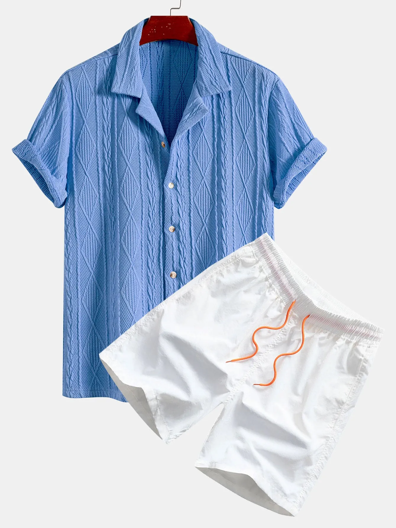 Knitted Geometric Textured Cuban Shirt & Man Mid Length Drawstring Swim Shorts sold by Hoooyi product image thumbnail 3