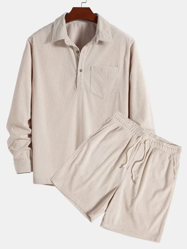 Long Sleeve Polo Neck Corduroy Shirt & Shorts made by Hoooyi