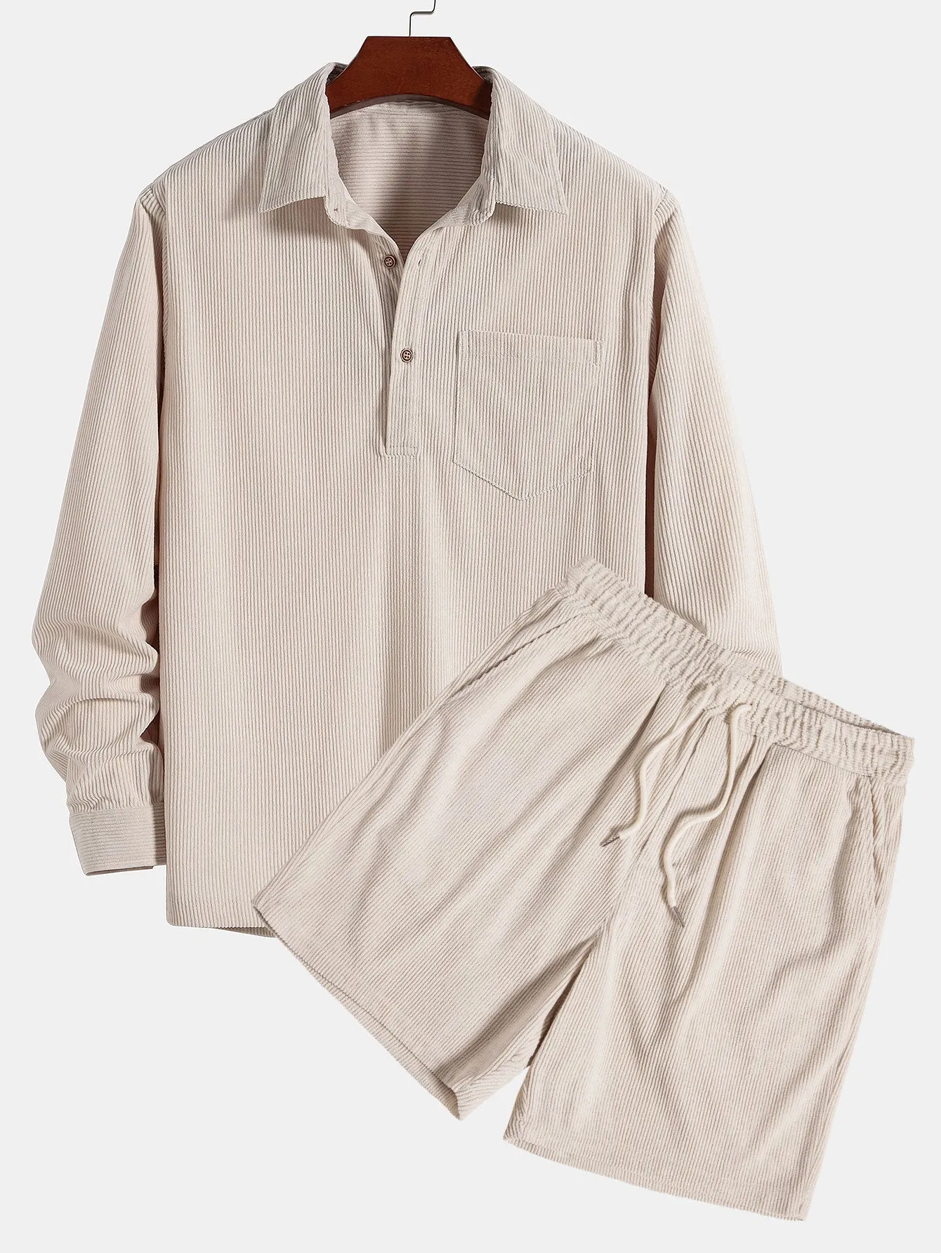 Long Sleeve Polo Neck Corduroy Shirt & Shorts sold by Hoooyi