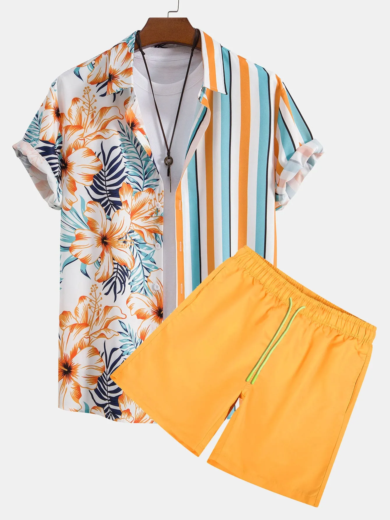 Tropical Stripe Panel Shirt & Swim Shorts sold by Hoooyi