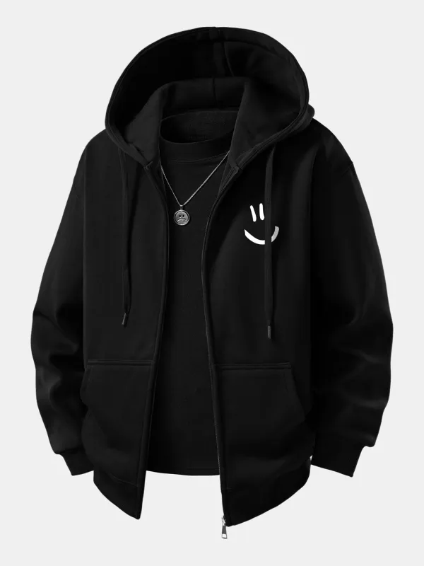 Smiley Face Print Plush Fleece Lined Zip-Up Hoodie made by Hoooyi