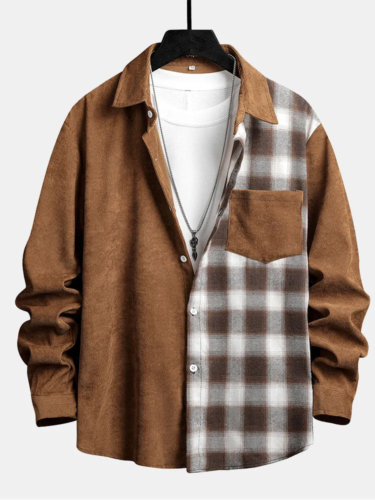 Corduroy Plaid Patchwork Shirt With Pocket sold by Hoooyi