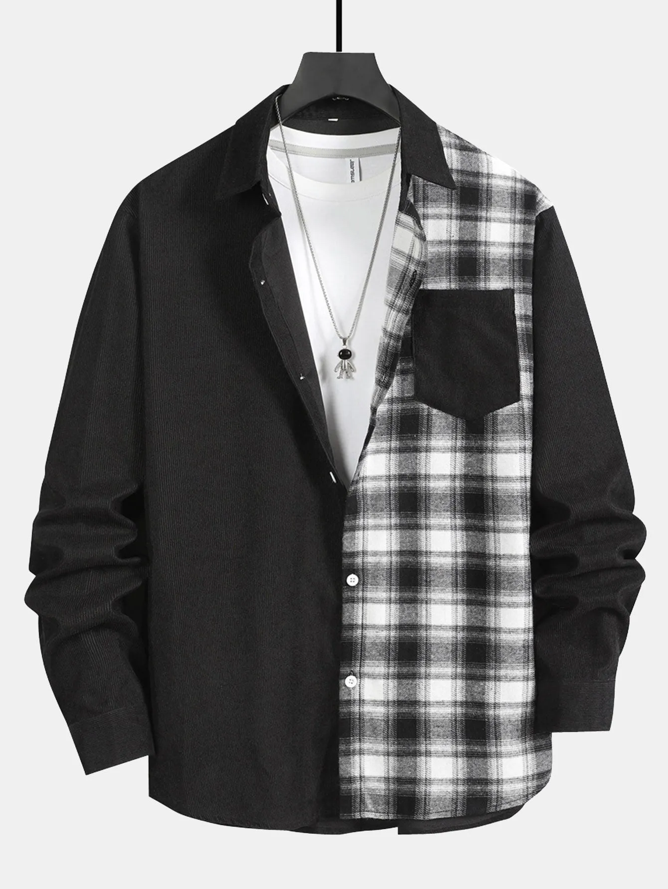 Corduroy Plaid Patchwork Shirt With Pocket sold by Hoooyi product image thumbnail 3