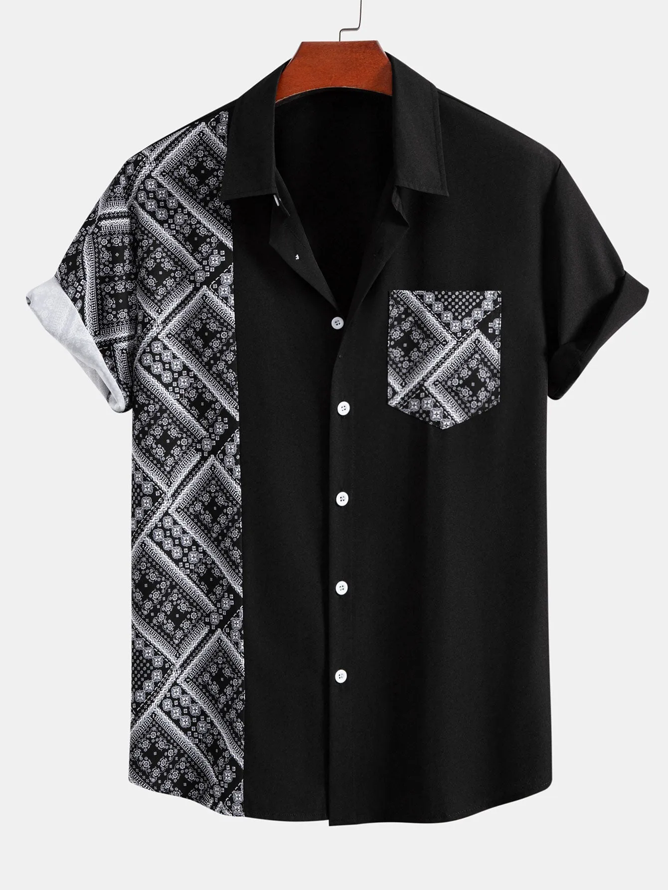 Paisley Print Patchwork Button Up Shirt sold by Hoooyi