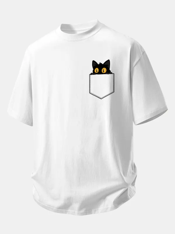Relax Fit Pocket Black Cat Print Cotton T-Shirt made by Hoooyi