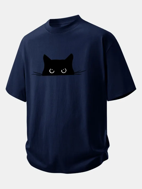 Relax Fit Black Cat Print Cotton T-Shirt made by Hoooyi