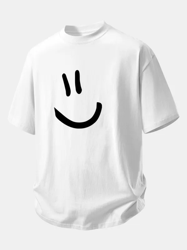 Relax Fit Smiley Face Print Cotton T-Shirt made by Hoooyi