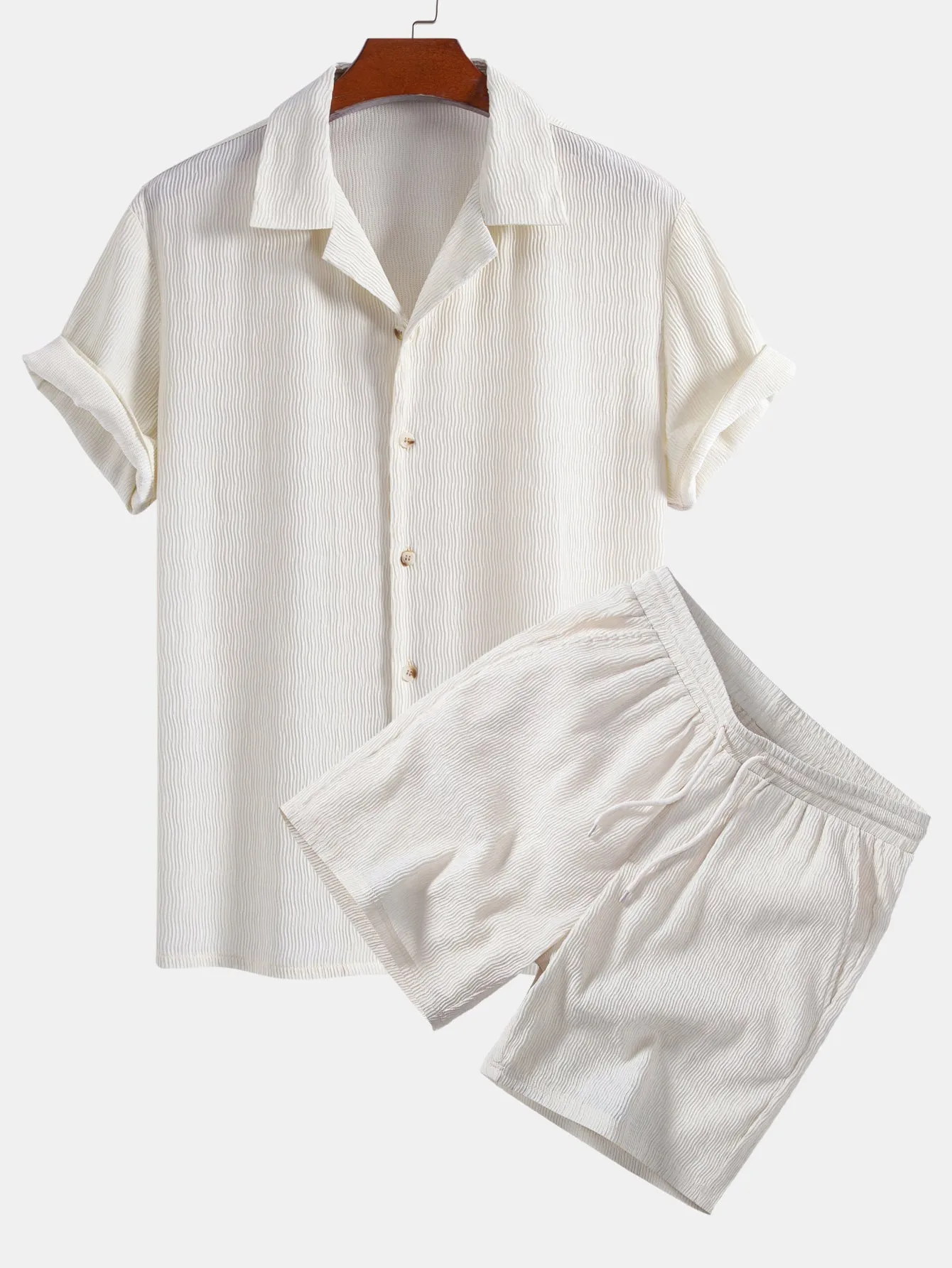 Textured Seersucker Short Sleeve Shirt & Drawstring 6“ Shorts Set sold by Hoooyi product image thumbnail 2