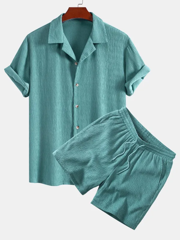 Textured Seersucker Short Sleeve Shirt & Drawstring 6“ Shorts Set made by Hoooyi