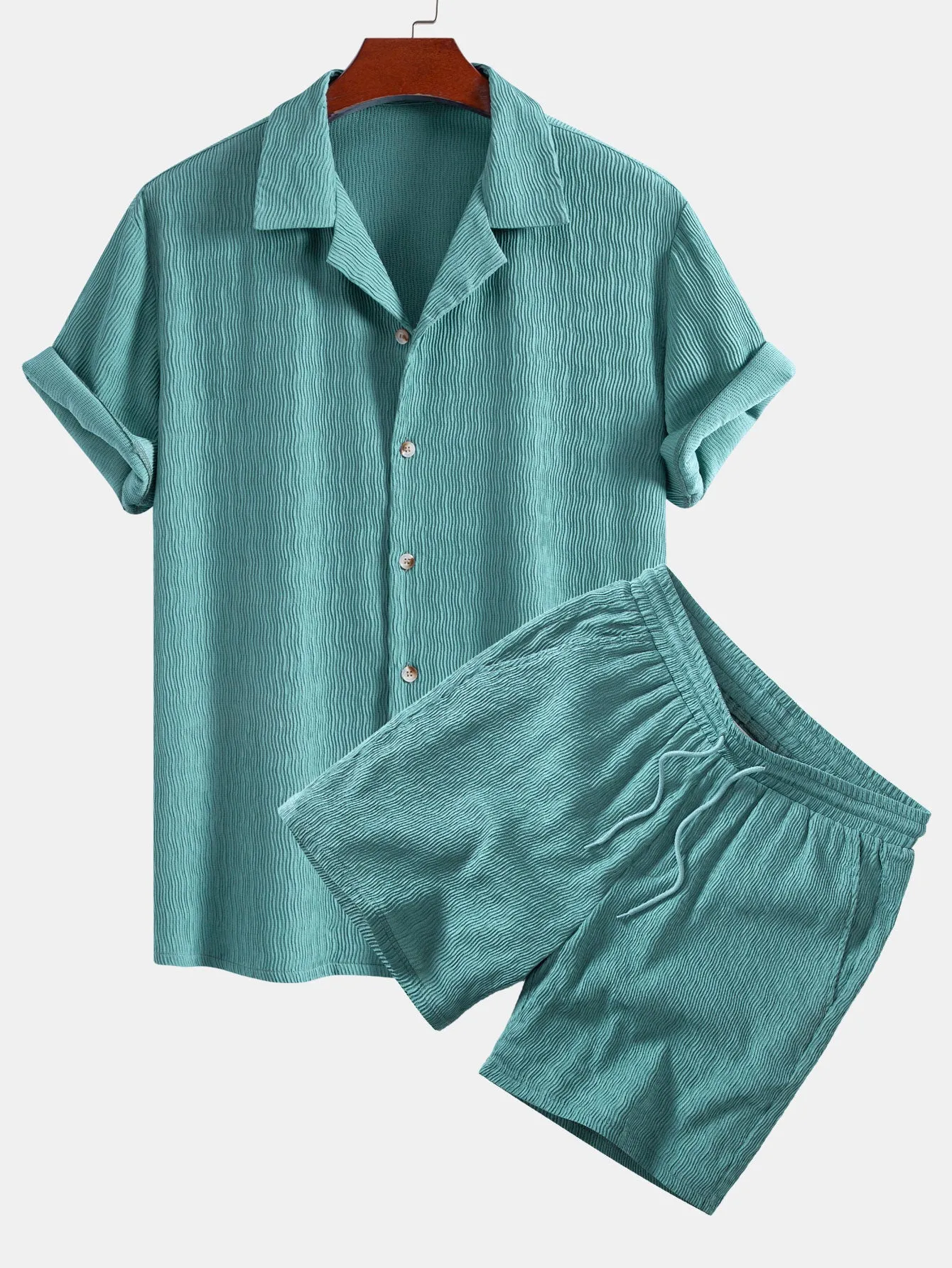 Textured Seersucker Short Sleeve Shirt & Drawstring 6“ Shorts Set sold by Hoooyi