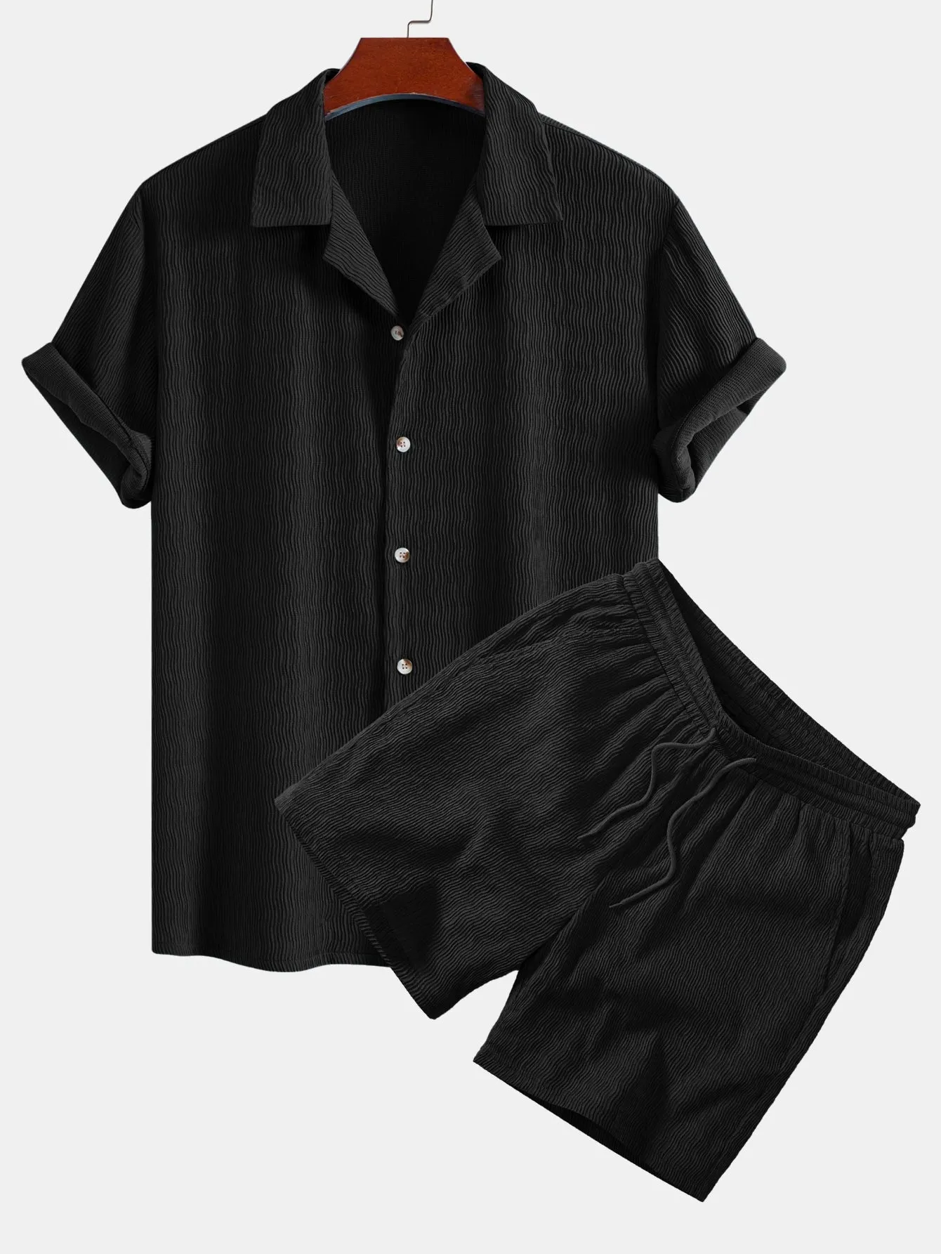 Textured Seersucker Short Sleeve Shirt & Drawstring 6“ Shorts Set sold by Hoooyi product image thumbnail 3