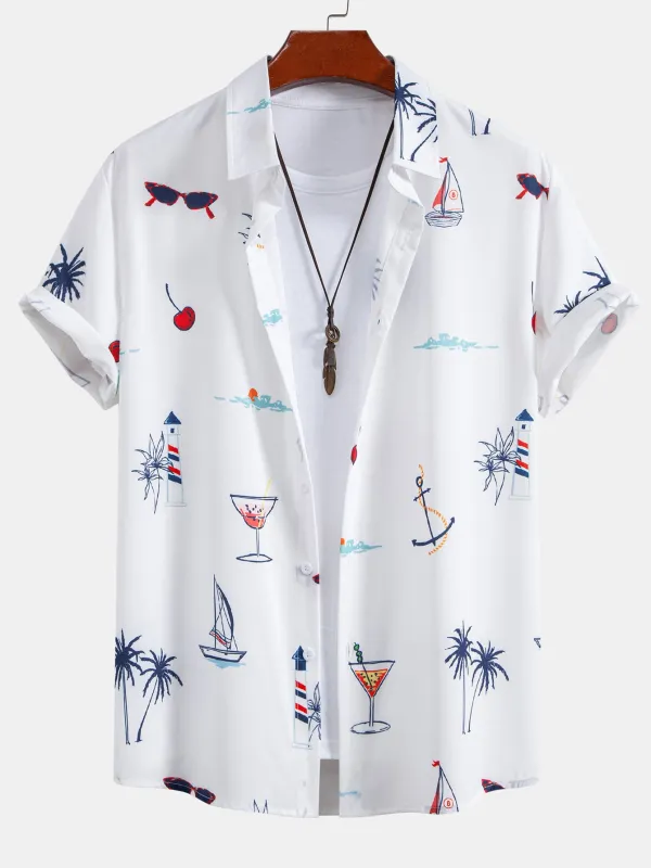 Palm Tree Nautical Print Button Up Shirt made by Hoooyi