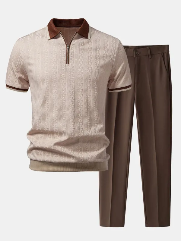 Contrast Trim Textured Zipper Knit Polo & Slim Fit Tapered Trousers made by Hoooyi