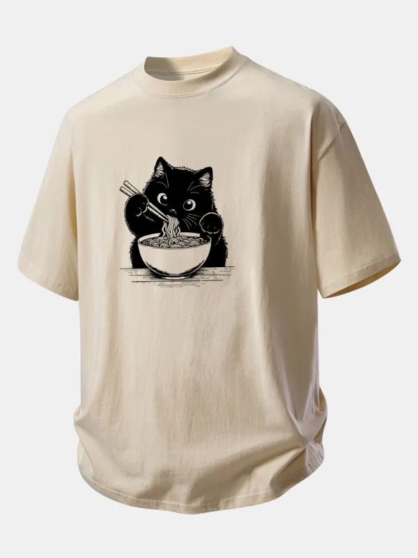 Relax Fit Black Cat Ramen Print Cotton T-Shirt made by Hoooyi