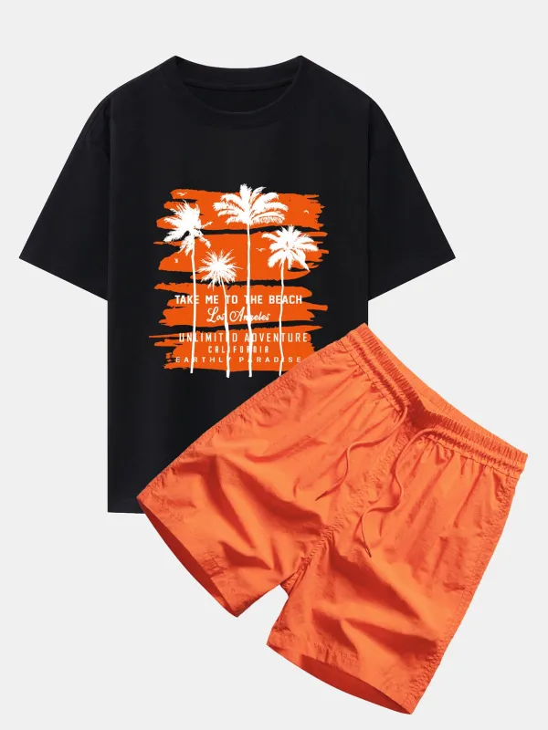 Palm Tree Print Drop Shoulder Oversize T-Shirt & Man Mid Length Drawstring Swim Shorts made by Hoooyi