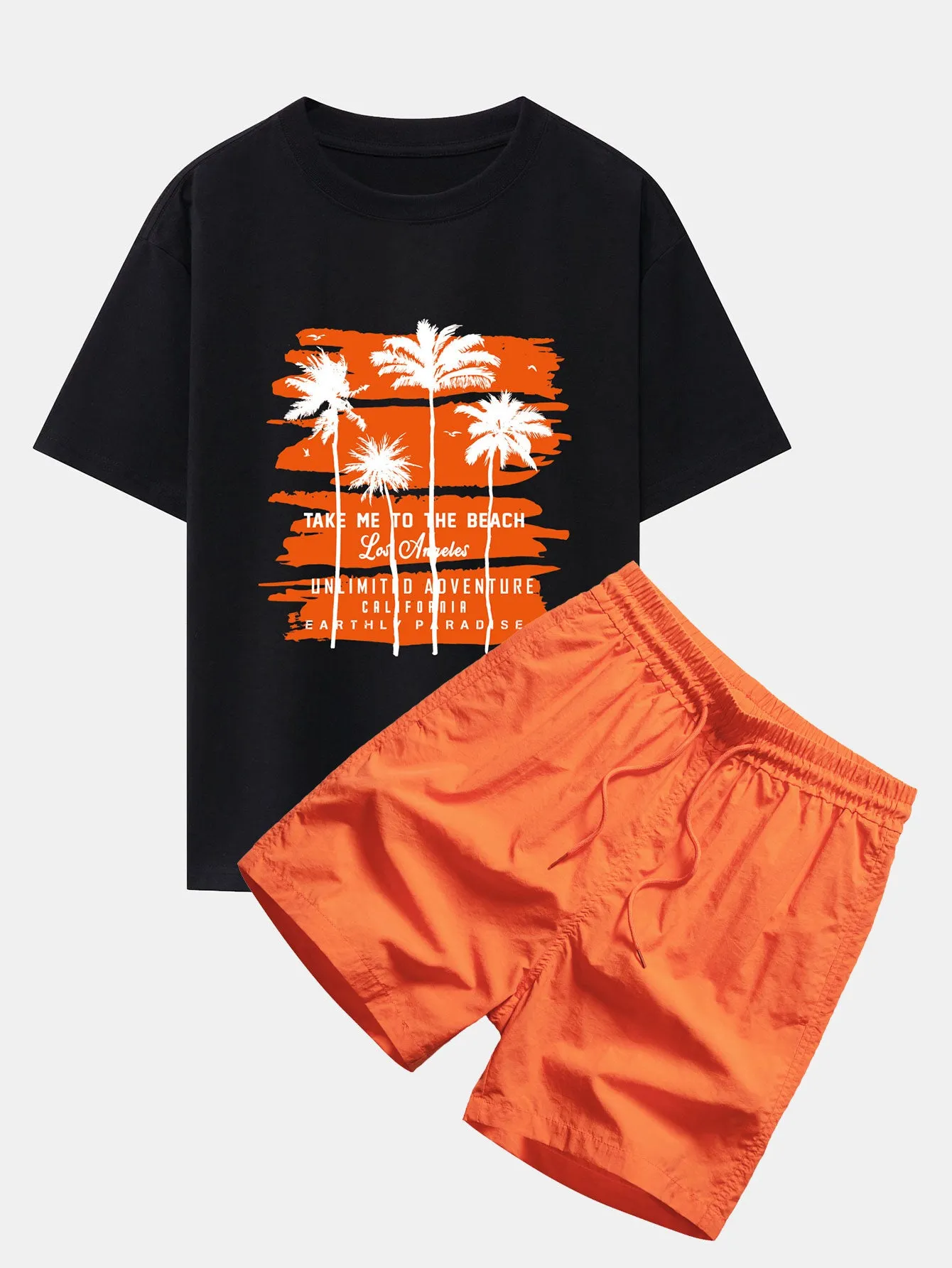 Palm Tree Print Drop Shoulder Oversize T-Shirt & Man Mid Length Drawstring Swim Shorts sold by Hoooyi