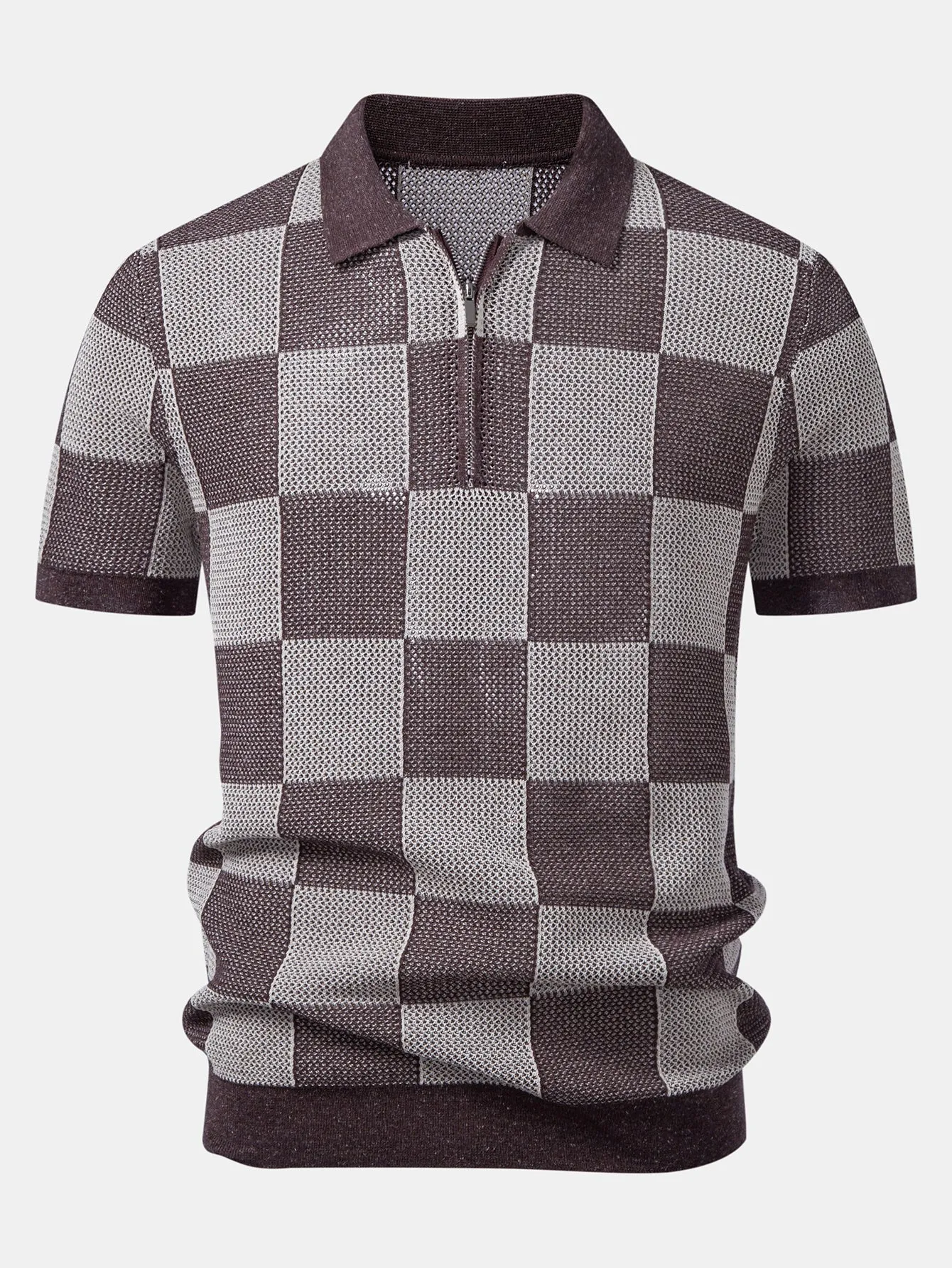 Checkerboard Crocheted Zipper Knit Polo sold by Hoooyi product image thumbnail 3