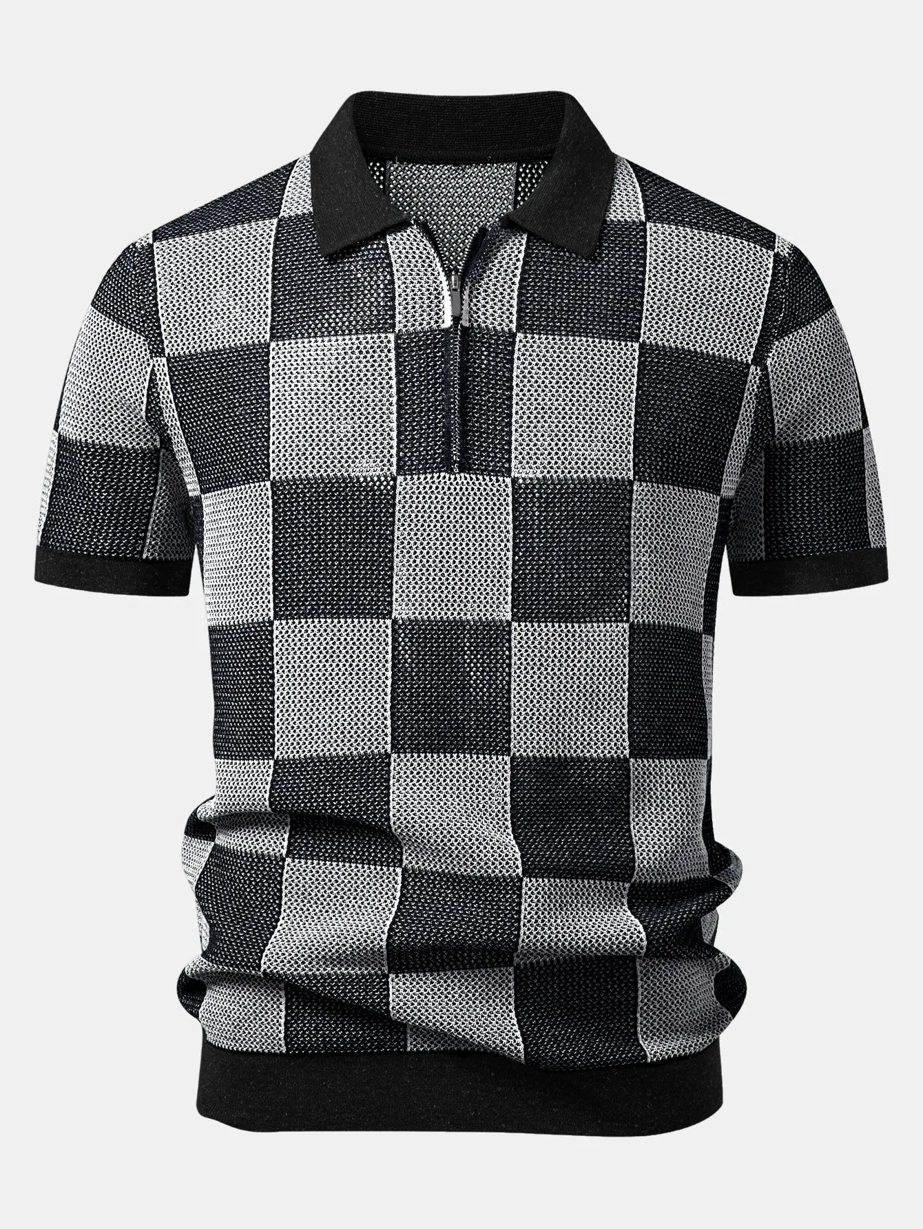 Checkerboard Crocheted Zipper Knit Polo sold by Hoooyi product image thumbnail 5