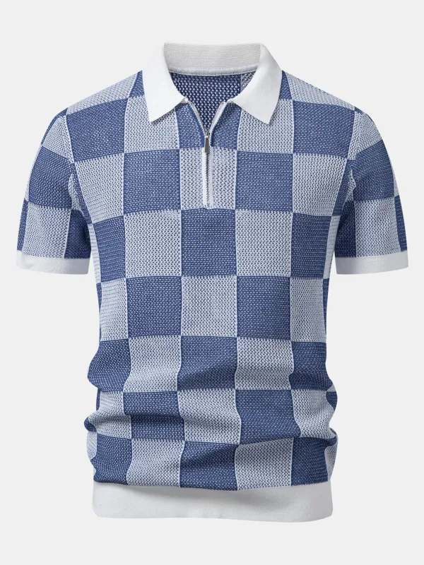 Checkerboard Crocheted Zipper Knit Polo made by Hoooyi