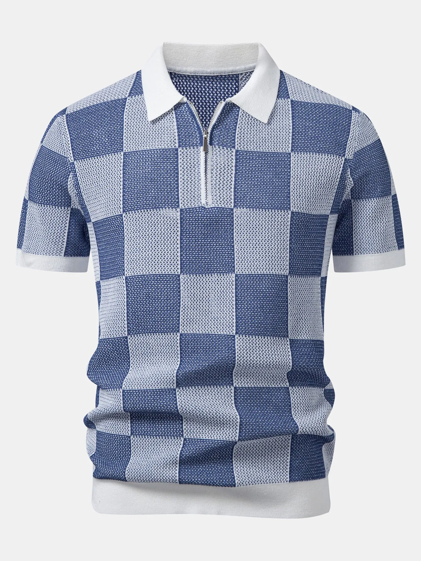 Checkerboard Crocheted Zipper Knit Polo sold by Hoooyi