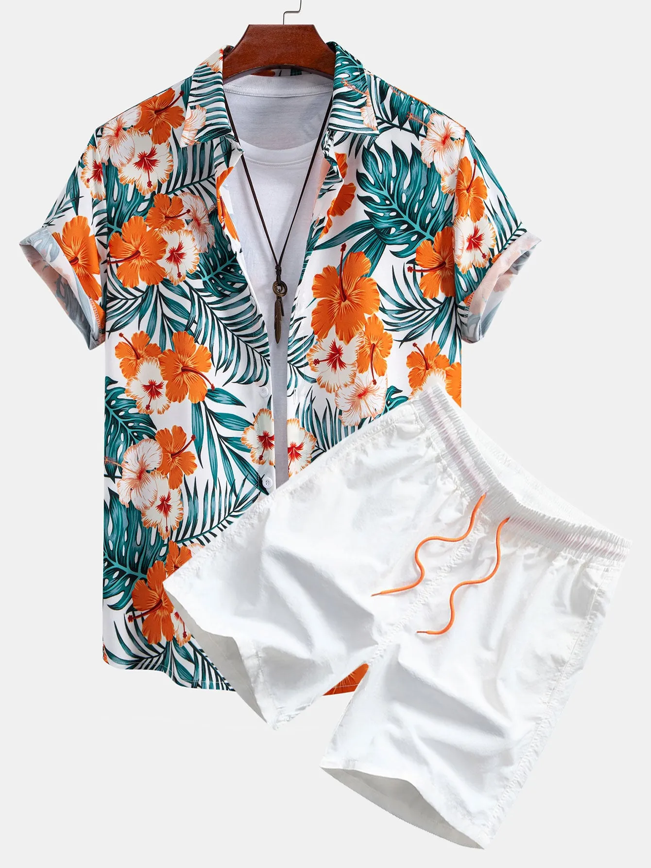 Tropical Flowers Print Button Up Shirt & Drawstring Swim Shorts sold by Hoooyi product image thumbnail 2