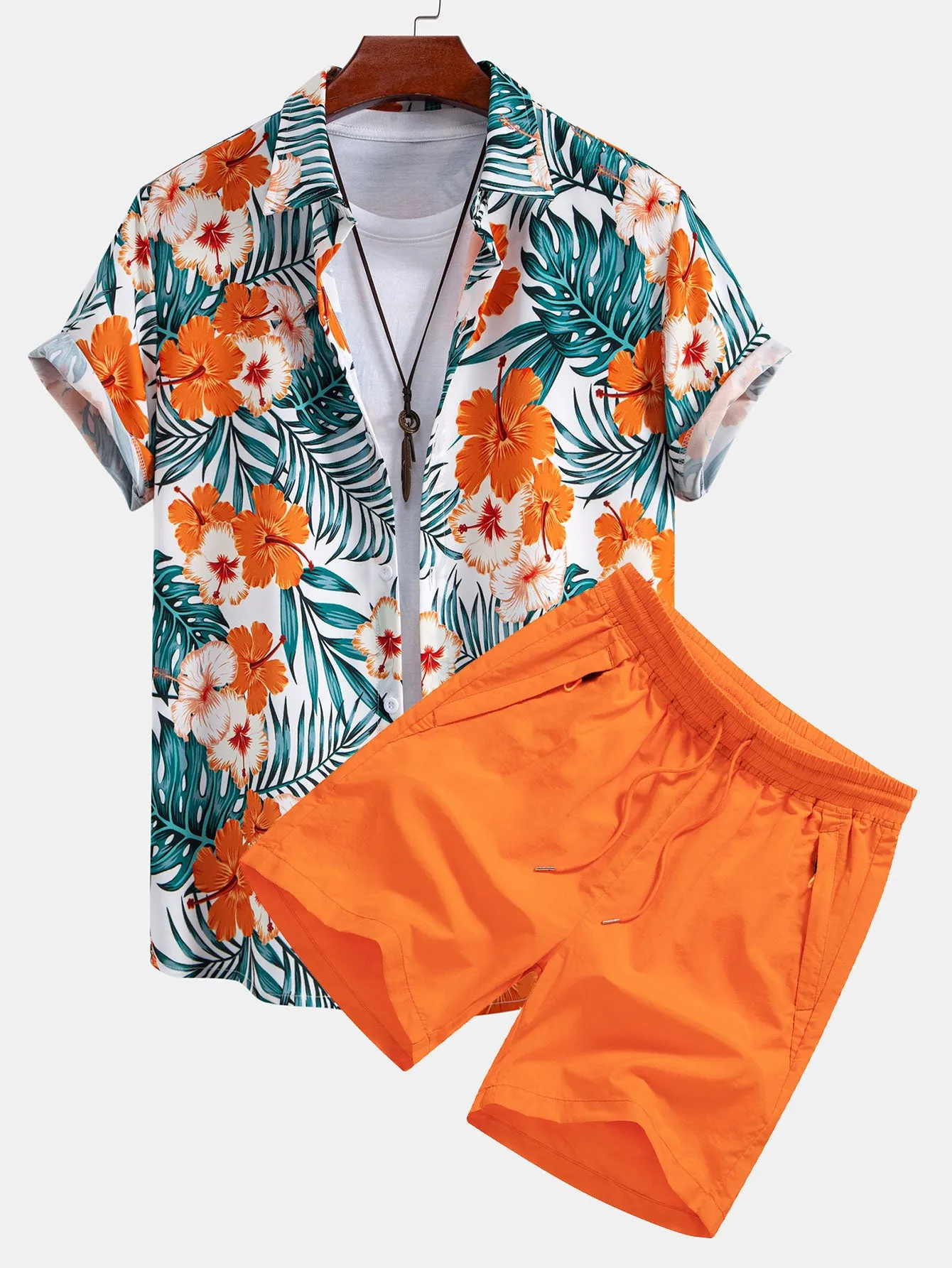 Tropical Flowers Print Button Up Shirt & Drawstring Swim Shorts sold by Hoooyi