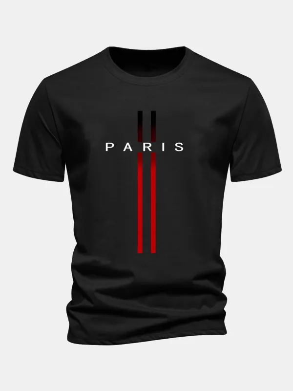 Regular Fit Stripe Paris Print Cotton T-Shirt made by Hoooyi